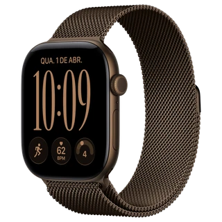 Apple Watch Series 12: 46 mm · Alumínio · Bronze-escuro · GPS · Estilo milanês · Bronze-escuro · P/M
