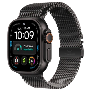 Apple Watch Ultra 4: 49 mm · Titânio · Preto · GPS + Cellular · Estilo milanês de titânio · Preto · P
