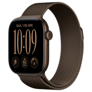 Apple Watch Series 12: 42 mm · Alumínio · Bronze-escuro · GPS · Estilo milanês · Bronze-escuro · Tamanho único