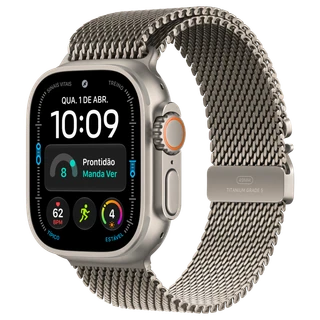 Apple Watch Ultra 4: 49 mm · Titânio · Natural · GPS + Cellular · Estilo milanês de titânio · Natural · P