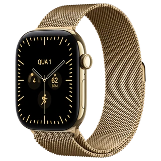 Apple Watch Series 12: 46 mm · Titânio · Ouro-brilhante · GPS + Cellular · Estilo milanês · Ouro-brilhante · P/M