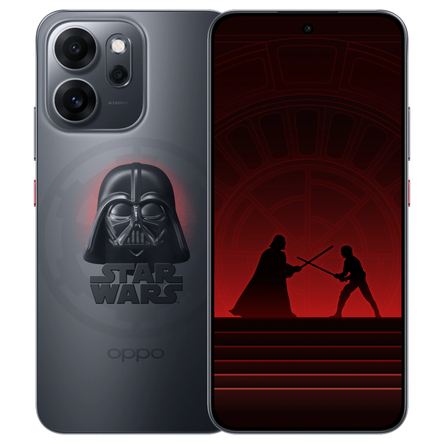 OPPO Reno14 F 5G Dark Side: frente e traseira