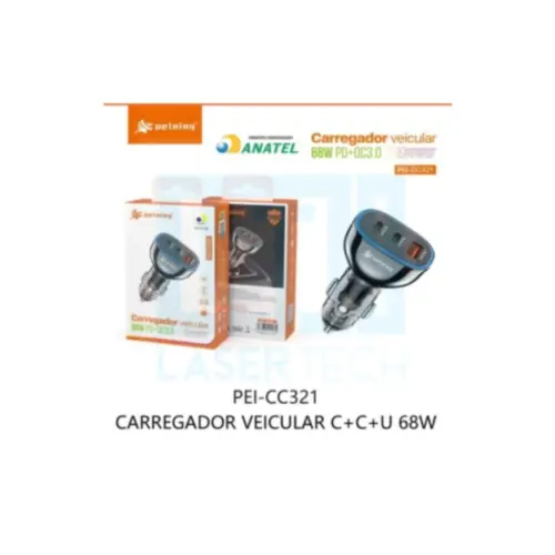 Fonte Veicular Turbo 68W PD+QC3.0 PEI-CC321 – Alta Potência e Desempenho