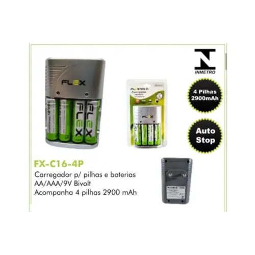 Carregador de Pilhas com 4 Unidades FX-C16-4P Flex Gold – Completo e Eficiente