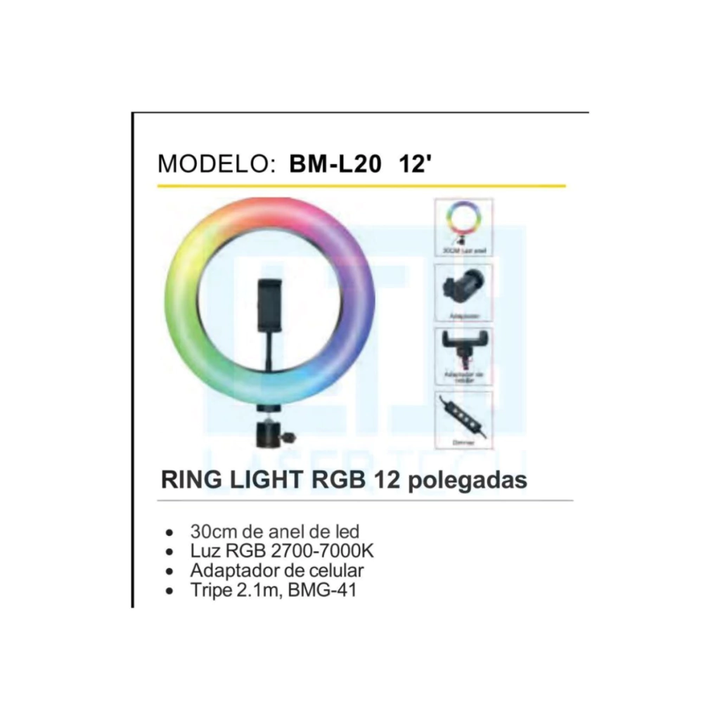 370312a3afbd3a41f434ce20799a407c-750af9c675a3ab421b17242473958333-1024-1024 Ring Light 12” LED RGB BM-L20 – Iluminação Profissional para Vídeos - Imagem 1