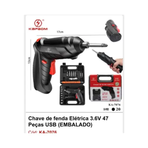 Chave de Fenda Elétrica / Parafusadeira 3.6V 47 Peças KA-7076 KAPBOM – Potente e Completa