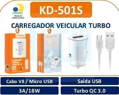 Carregador Veicular V8 KD-501S – Rápido e Confiável