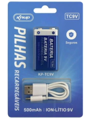 Pilha Recarregável USB/TPC 9V 500mAh KP-TC9V – Econômica e Sustentável