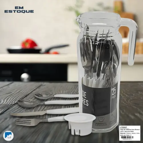 Jogo de Talheres Branco 25 Peças + Jarro de Vidro LT-23227 – Elegância e Praticidade
