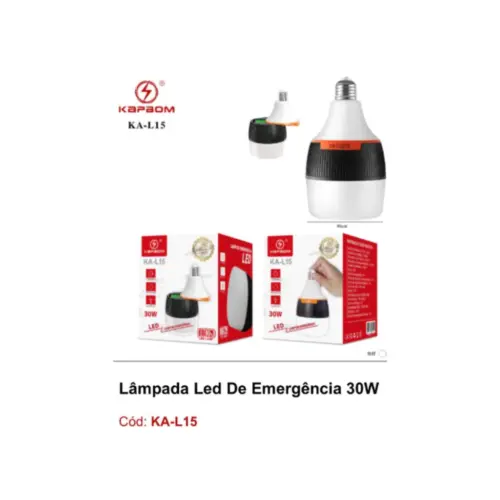 Lâmpada de Emergência LED 30W KA-L15 – Iluminação Automática e Potente