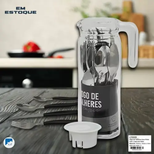 Jogo de Talheres Preto 25 Peças + Jarro de Vidro LT-23226 – Sofisticação e Qualidade
