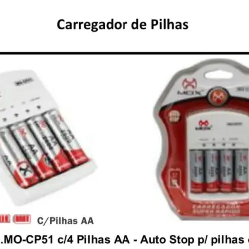 Carregador de Pilhas com 4 Unidades AA MO-CP51 – Recarregável e Eficiente
