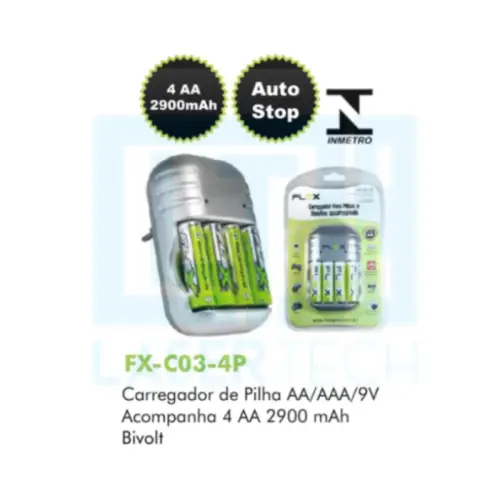 Carregador de Pilhas Universal com 4 Unidades FX-C03-4P FLEX – Completo e Eficiente