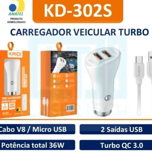 Carregador Veicular V8 KD-302S – Compacto e Rápido