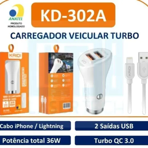 Carregador Veicular iOS KD-302A – Rápido e Eficiente